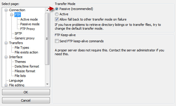 FileZilla - transfer mode