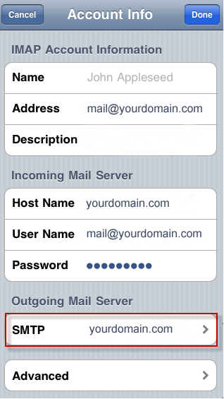 iPhone - SMTP settings, step 1