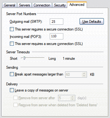 Outlook Express - outgoing mail settings, summary