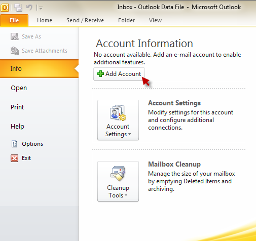 Outlook 2010 - add account, step 1