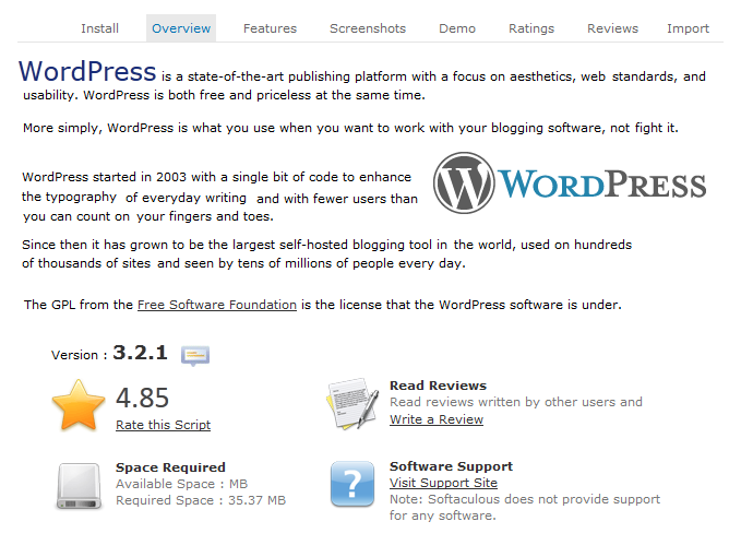 Softaculous in cPanel - step 2, WordPress