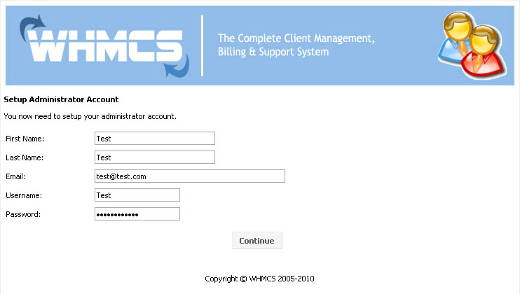 WHMCS installation - step 3, administrator account