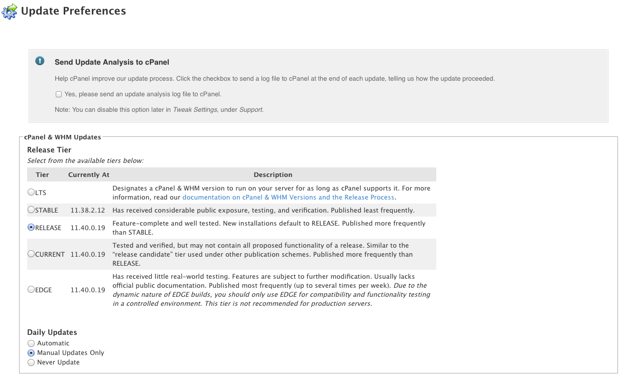 WHM cPanel update preferences